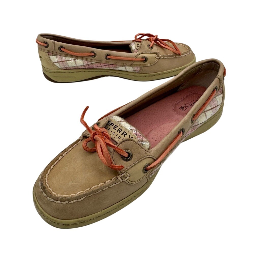 Sperry Topsider AO 2-Eye Boat Shoes Women's 8 Tan Leather Pink Sequined Plaid